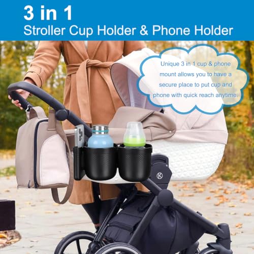 Image of Accmor Stroller Cup Holder with Phone Holder, Bike Cup Holder, Universal Cup Holder for Uppababy Nuna Strollers, 2-in-1 Drinks Holder for Walker, Wheelchair, Scooter
