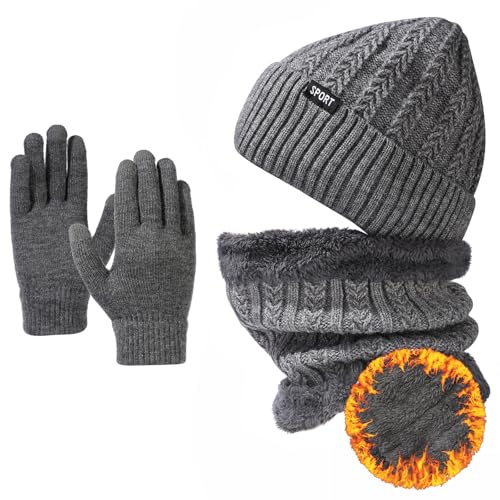 TAGVO Gorro Bufanda Guantes Set para Hombre, Invierno Termicos 3-in-1 Gorro Bufanda Guante de punto con forro de fleece Sets de regalo térmicos para Actividades al aire Libre Esquí Senderismo conducir