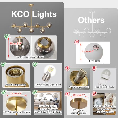 Image of KCO Mid Century Modern 7 Light Brass Gold Linear Sputnik Chandelier | 31.5 inch Rod for Sloped Ceiling 7W 3000K E26 Bulb Included, Smoke Gray Glass Globe Pendant Light Fixture for Kitchen Dining Room