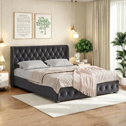 Cama con somier de 180 x 200 cm, cama doble con espacio de almacenamiento y cajón, cama tapizada con somier, cama juvenil con espacio de almacenamiento hidráulico, estructura de cama, cama tapizada de