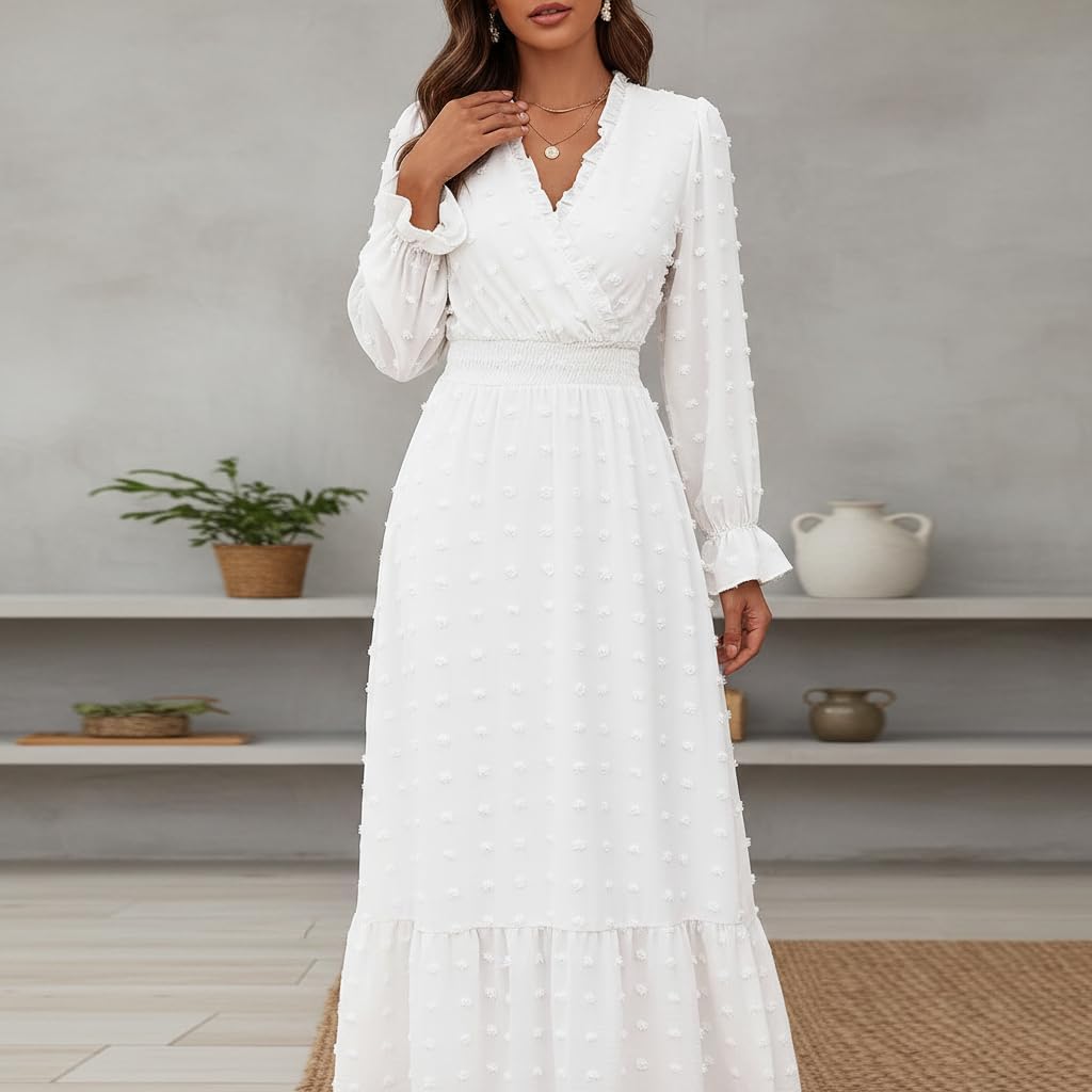 Women’s Tiered Maxi Dress Long Sleeve V-Neck Textured Ruffle Swing Dress Casual Formal Party Dress