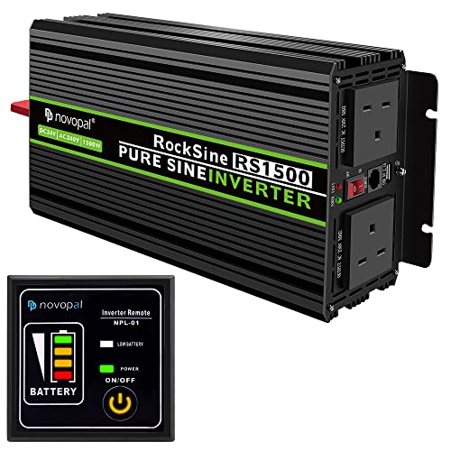 NOVOPAL Onde sinusoïdale pure,1500 W,24 V CC vers 230 V/240 V CA,Convertisseur 2 prises CA,Convertisseur de voiture avec un port USB,Télécommande de 5 mètres et deux ventilateurs de refroidissement Cover