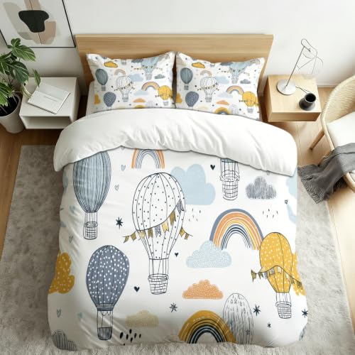 Ensemble de linge de lit en microfibre blanche motif nuages et montgolfière 200x200 cm - 2
