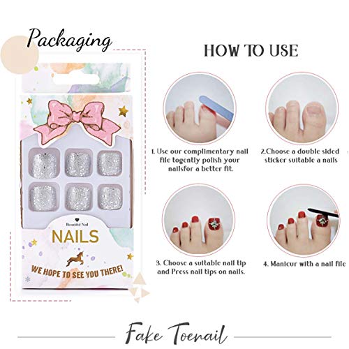 Fstrend 24Pcs Glitter Fake Toenails Bling Sequins Silver Full Cover Acrylic Fake Nails For Toes False Nails Press On Toe Art Tips For Women And Girls #TOP5