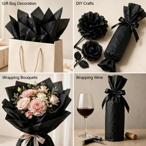 Image of Black Tissue Paper - 100 Sheets Gift Wrapping Paper for Halloween Decor | Halloween Decorations for Gift Bags Boxes - Gift Wrapping Tissue Paper Bulk for DIY Crafts Birthday |Halloween Party Supplies