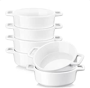 6 OZ Ramekins for Baking, LOVECASA Creme Brulee Ramekins, Porcelain Souffle Dish Ramekins Oven Safe, Round Tart Pan Mini Fluted Quiche Dishes, Set of 6 (White/Circle)