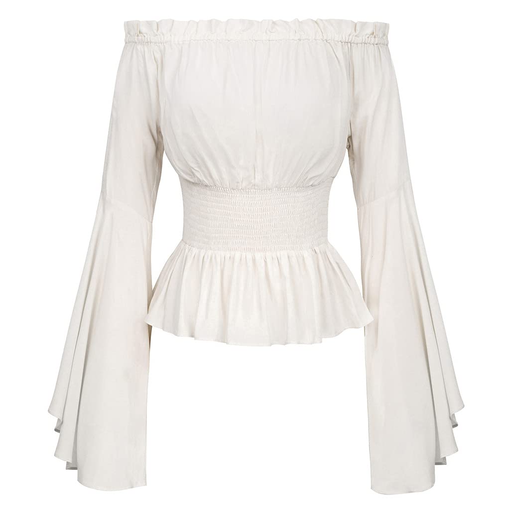 LOLOVI LOLOVI WANMEI - Blusa gótica renacentista para mujer, mangas acampanadas, volantes, hombros descubiertos, corsé medieval victoriano, cosplay, camisa pirata, blanco, L