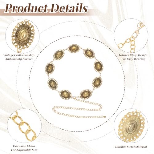 Tucnoeu Women Boho Chain Belts, Metal Waist Chain Link Belt for Woman, Western Oval Concho Chain Belt for Women Dresses Jeans Western Cowgirl - Thumbnail 3