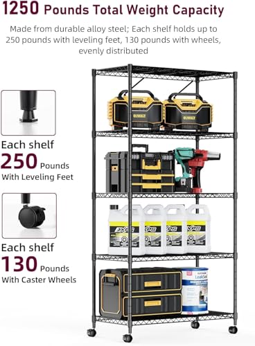 Image of Simple Deluxe 5-Tier Heavy Duty Storage Shelving Unit, 1250 Lbs Loading Capacity, 29.92 inch W x 13.98 inch D x 61.02 inch H, Black