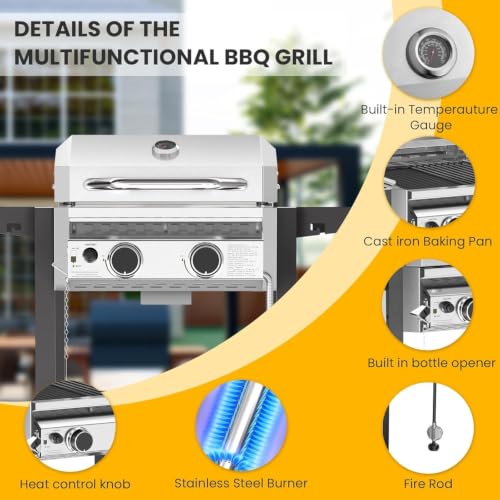 Image of COWSAR 2-Burner Propane BBQ Grill 16000 BTU Stainless Steel Gas Grill