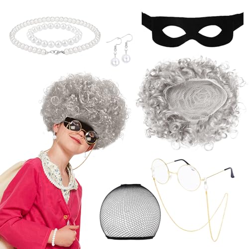 XEPST Costume de Mamie Gangster - Costume de Perruque de Vieille Dame Cambrioleur avec Perruque de Mamie Masque de Voleur Lunettes Collier de Perles pour Enfants Adultes Halloween Cosplay Carnaval