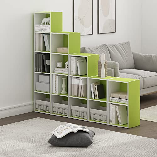 Image of Furinno PASIR Book Shelf, 5-Tier Modern Bookshelf, Open Shelves Bookcase 9 x 12 x 52, Easy Assembly, for Living Room, Bedroom, Home Office, Green /White