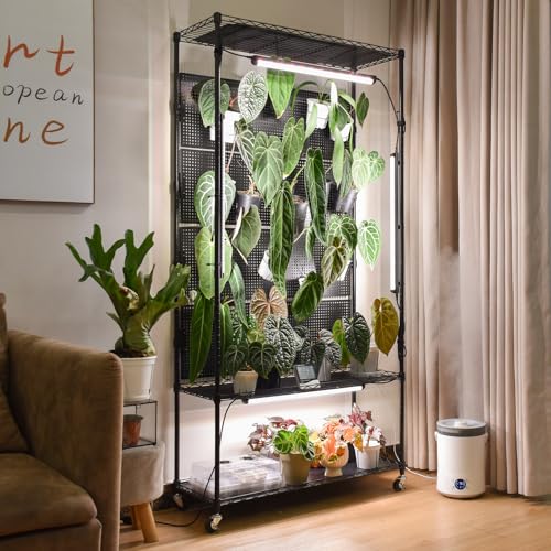 Bstrip Plant Cabinet with Pegboard 3 Tier Plant Shelf with Grow Light Metal Plant Stand with 4 Pack 96W Grow Lights for Indoor Plant Foliage Plants Seed Starting 35.4x13.8x71 Without Tent