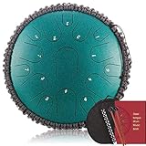 NYTFHMS 15 s 13 Inch D Key Steel Tongue Drum, Great for Meditation Music Therapy, Include Storage Bag, Music Book, Mallets and Bracket, Rope Decoration,Green