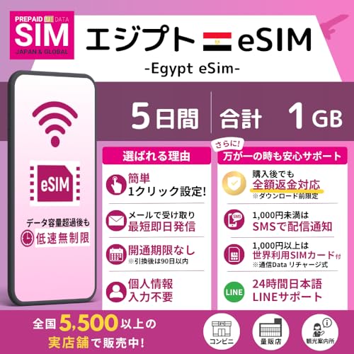 [ �G�W�v�g eSIM ] �I�����C���ŒZ�������s�i���[�����j�b�I�ׂ�e�ʁE�����b�����pOK�b���S24���ԓ��{��T�|�[�g�b�ᑬ�������t�� (5Days-1GB)