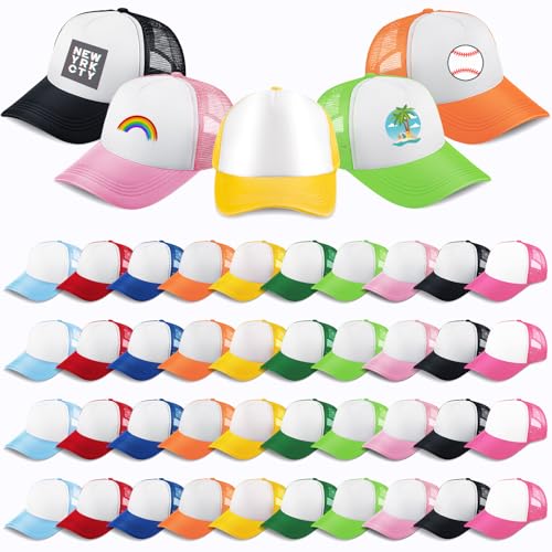 Hercicy 40/60 Pack Kids Trucker Hat Bulk Sublimation Blank Baseball Caps for Boys Girls Plain Mesh DIY Hats Party Favors(Multicolor 40 Pack)
