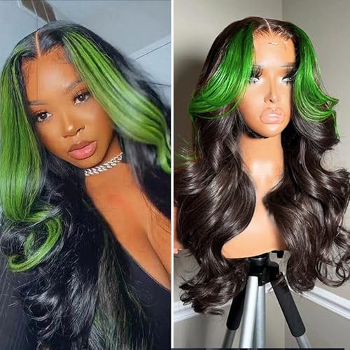 JYZ Skunk Stripe Human Hair Lace Front Wig Green Highlights Wig Wavy 13X4 HD Lace Front Wigs Human Hair 200% Density Pre Plucked with Baby Hair 20inch Middle Part