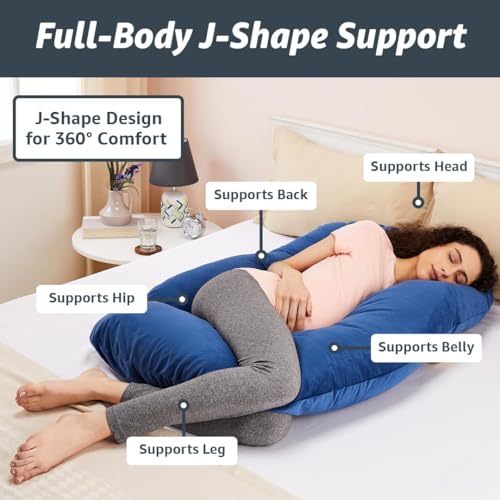 Image of Amazon Basics Full Body Pregnancy Pillow for Maternity,Baby Nursing,Full Body Support-|Perfect Baby Shower Gift|J-Shaped-Washable Cover with Zip - Navy Blue, Velvet
