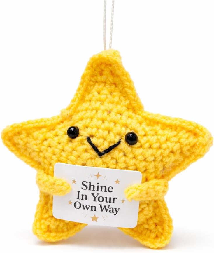 Handmade Crochet Star Plush, Yellow Cotton Pocket Sunshine, Cute Emotional Support Gift with Hidden Hanging Loop for Women, Friends, Birthday and Graduation