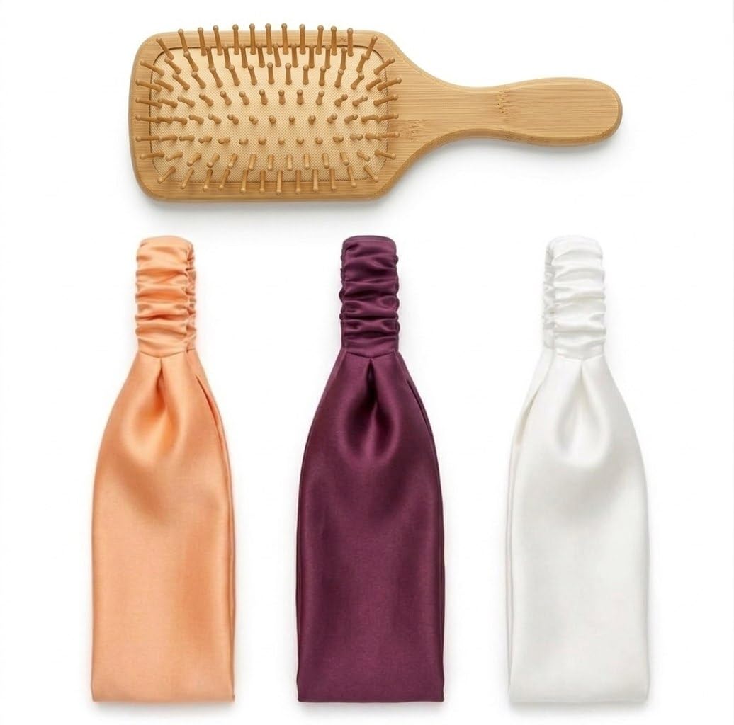 Bamboo Paddle Hair Brush with Satin Headbands Set | Bamboo Hair Brush and 4 Head Bands Orange Violet Ivory White Combo | Fashion Hair Accessories for Women & Girls | Daily Styling Office Party Gift Set-image-38