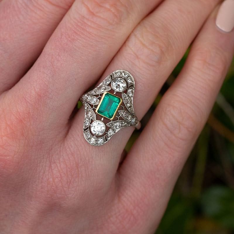 925 Sterling Silver Ring Vintage Emerald Ring Engagement Rings Solitaire Promise Ring Court Style Openwork Floral Pattern Accessories lace Imitation Emerald Zirconia Ring Dinner Party Matching Ring 63