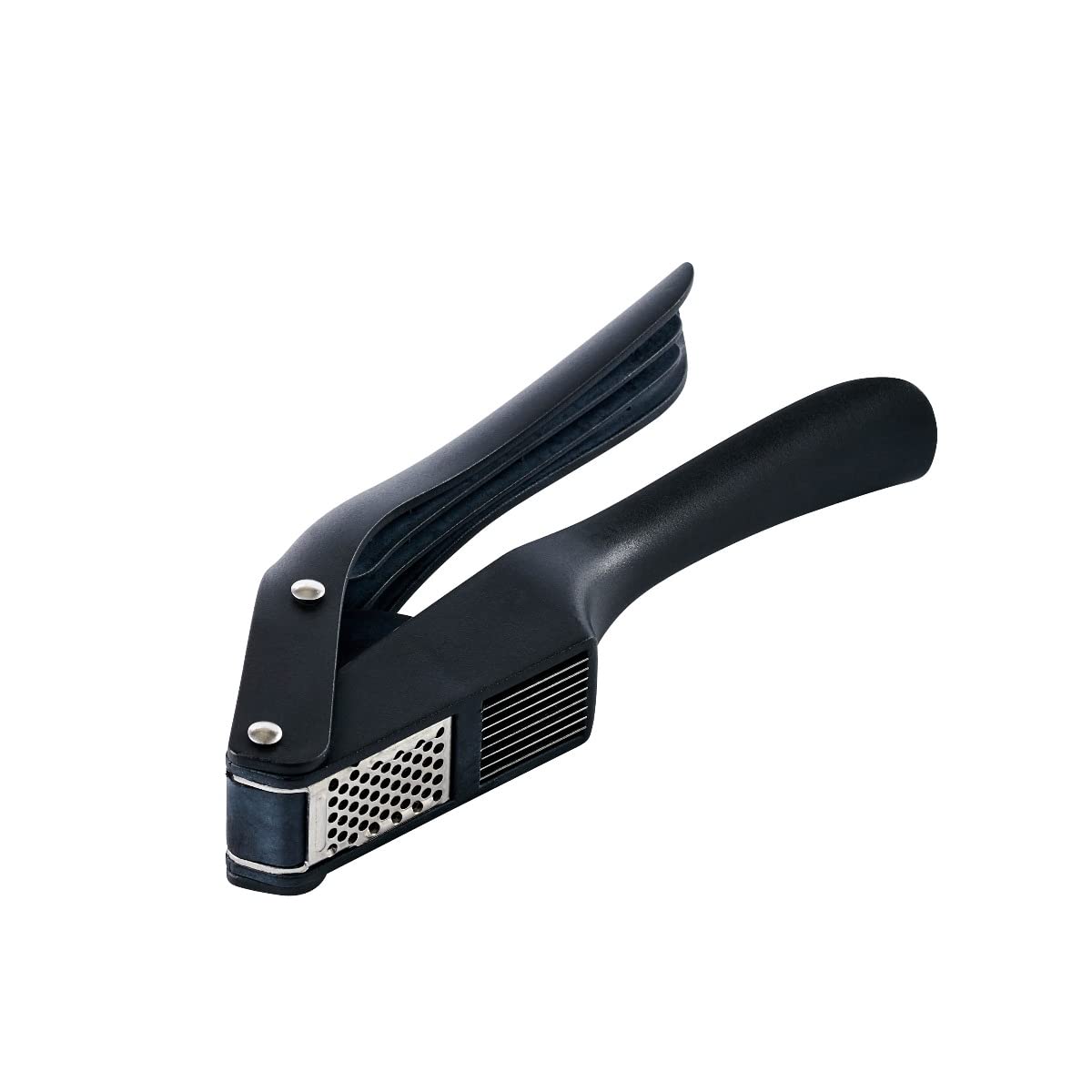 Mastrad Prensa de ajos de acero 2 en 1, inoxidable, cortador de galletas y triturador, para cortar y prensar ajo fino, ahorra espacio y apto para lavavajillas.