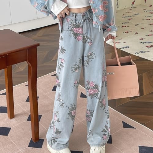 Casual Y2K Straight Leg High Waisted Jeans for Women Fashion Simplicity Cute Floral Printed Denim Pants2