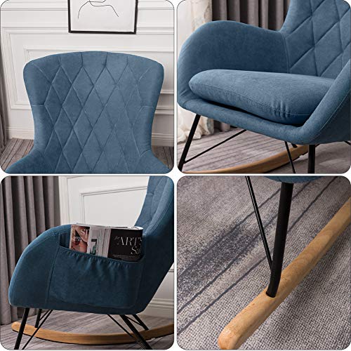 INMOZATA Relax Rocking Chair Comfortable Linen Fabric Rocker Relaxing Chair Traditional Arm Rest Lounge Chair with Fabric Cushion (Blue) - Image 7