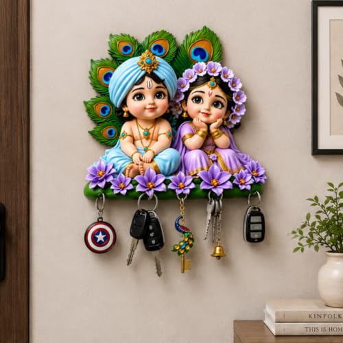 Image of Webelkart Premium Cute Radha Krishna Key Holder for Home /Office Decor | 3D UV Printed Wooden Key Hanger Decorative Key Chain Holder (10 x 10 Inches (Multi)