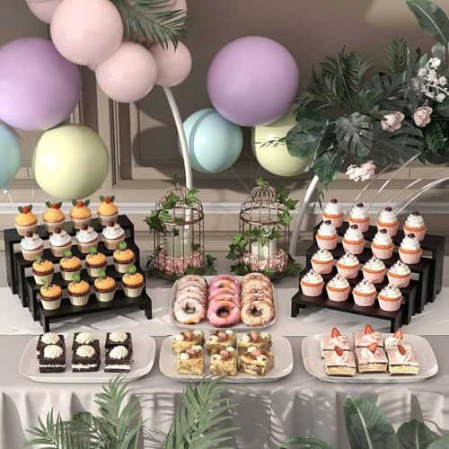 Image of 2 Set Black Wooden Tiered Riser Display Stands for Vendor Events,Stackable Wood Cupcake Stand,Farmhouse Decor Wood Dessert Table Display Set,Vendor Booth Display Items,Food Display Risers for Party
