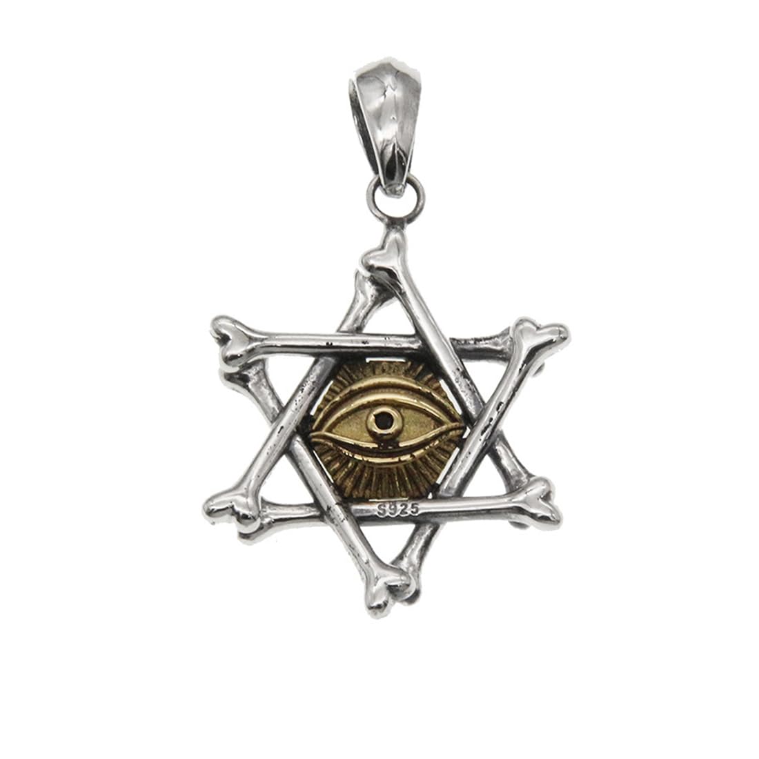 RIJPEXMen's S925 Sterling Silver Devil's Eye Hexagram Pendant, Bone Structured Fashionable And Versatile Sterling Silver Pendant Necklace