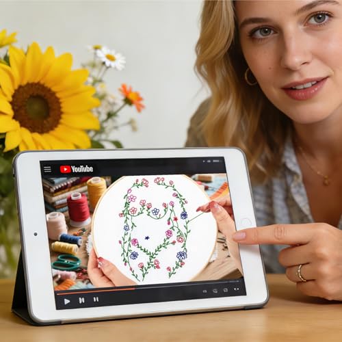 Image of Woman Flowers Embroidery Kits for Beginners Adults, Floral Hand Embroidery Starters Kits, Stamped Cross Stitch Kits DIY Needlepoint Kits for Beginners Adult, Embroidery Hoop, Thread and Video Tutorial