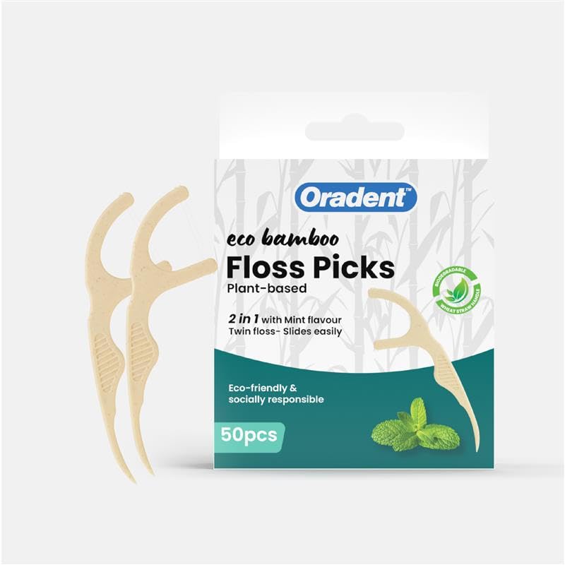 Oradent Eco Bamboo Floss Picks 50s | Mint Flavored Thread | Wont Break or Shred | Biodegradable Handle | Made from Natural Materials