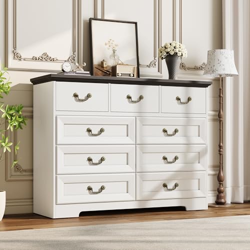 9-Drawer Dresser for Bedroom, 47 in Wide Dressers Wood Vintage Chest of Drawers with Natural Texture and Vintage Gold Floral Handles, Farmhouse Storage Organizer for Living Room, Hallway Entryway
