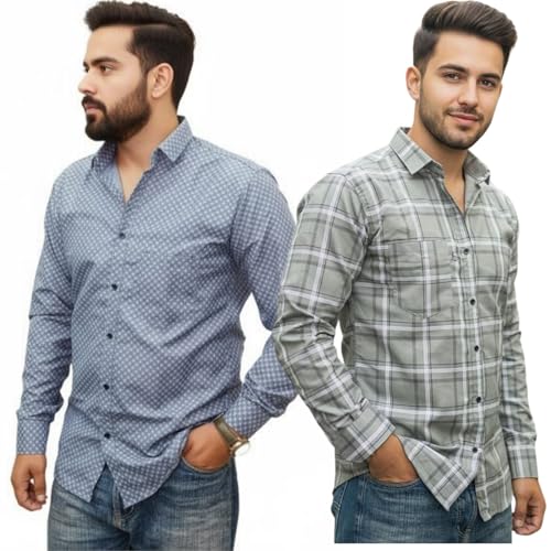 Image of Pack of 2 Men's Cotton Fabric Button Down Full Sleeve Collar Neck Regular Fit Check & Dotted Printed Combo Shirt