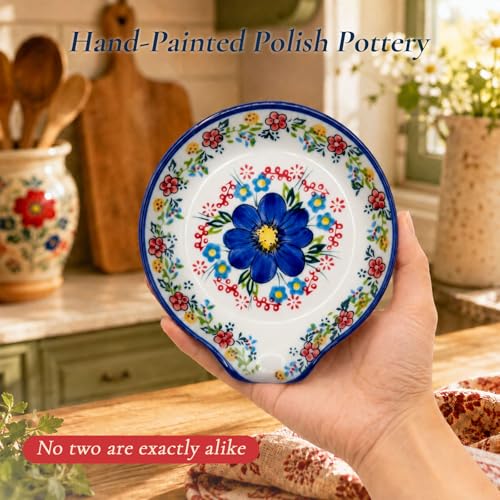 Image of Spoon Rest for Stove Top, 5 inch Hand-Painted Bule Flower Spoon Holder | Stable ceramic won't tip; glaze rinses clean, dishwasher safe. Holds spoons & spatulas, floral farm style, keeps stove tidy.