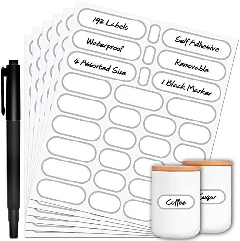 Nardo Visgo 192pcs Bottle Labels with Marker,Waterproof Labels for Jars Food Containers Removable Self-Adhesive Label Stickers with Silver Border in 4 Sizes for Kitchen Pantry Storage Organization