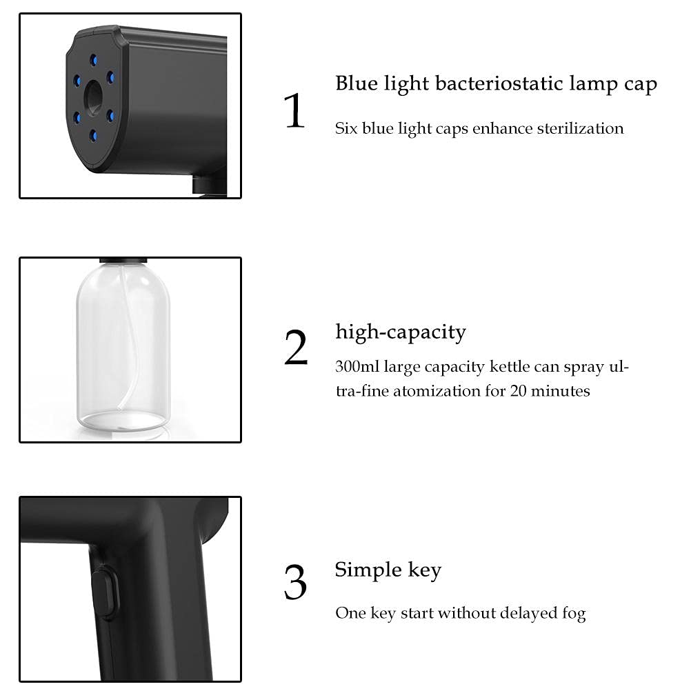 Nano Mist Sprayer, 300ML USB wiederaufladbare Handheld Luftbefeuchter Wireless Wassersprühgerät Tragbare Dampfspritzpistole mit blauem Licht für Home Office