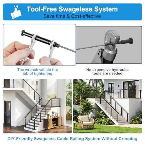 Image of 16FT-20FT Swageless Complete Set Black Cable Railing Post Kits 36 Inch Modular Cable Railing System for Decks Length Adjustable Easy DIY with 250FT Wire Rope & 5 Deck Post Kit(No Handrail)