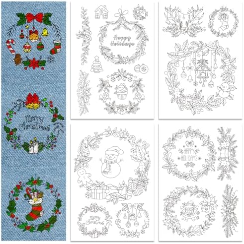 GLOBLELAND 4 Sheets Christmas Wreath Stick and Stitch Water Soluble Stabilizer Hand Embroidery for DIY Sewing Embroidery Adhesive Hand Sewing Stabilizers Non-Woven Fabrics 11.7x8.3inch