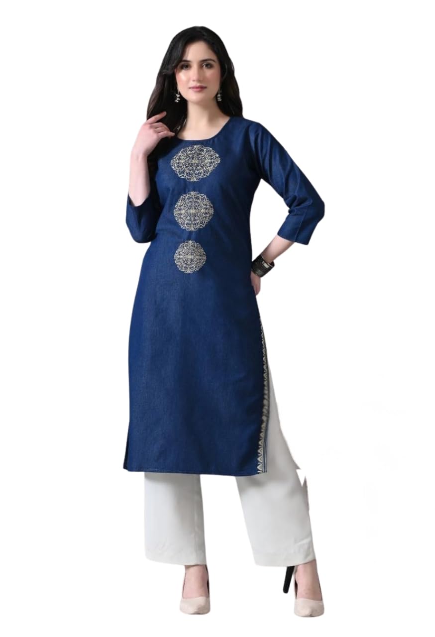Women’s Denim Beige Round Embroidered Straight Long Kurti | Elegant Embroidered Front Design |-image-34