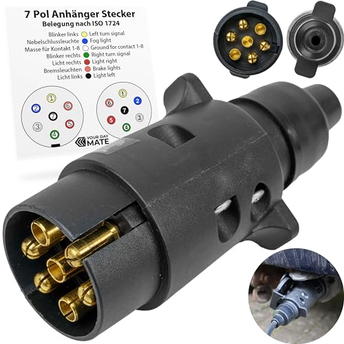 7 poliger Anhänger Stecker, 1 Pack, Hartplastik-Gehäuse, 7pin Stecker nach ISO 1724 genormt, 7 Pin Hänger Adapter 12V Systeme, Zugentlastung, 7pol Anhängerstecker für 7 pol Steckdose, 13-7 Adapter