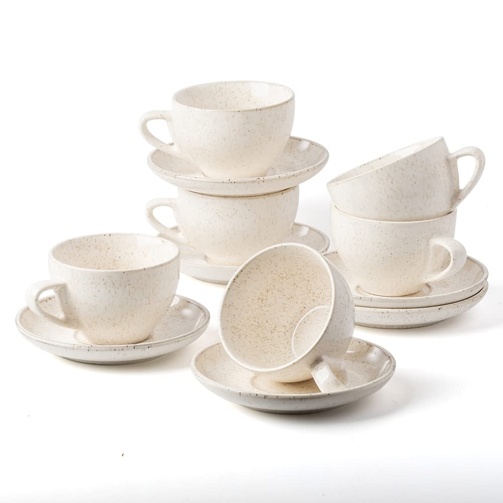 Porcelain Cappuccino Cups with Saucers, Tea Cups Set of 6，SIDUCAL 7.5 Ounce Ceramic Latte Mugs Cups 