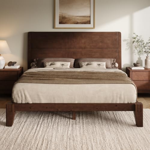 Image of AMERLIFE Solid Wood Queen Bed Frame with Headboard, Japanese Joinery,Walnut