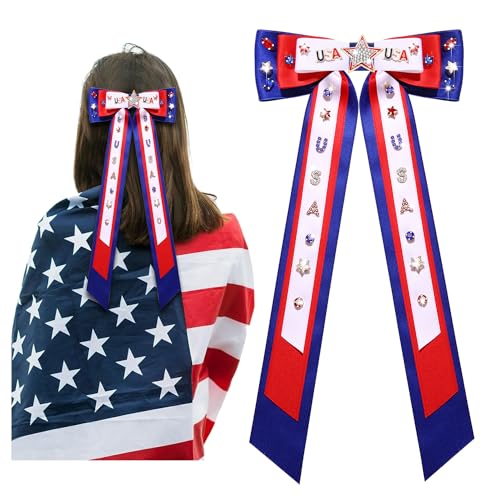 4th of July Accessories Hair Bows for Women Large Silky Satin Red White and Blue Hair Bows American Flag Star USA Hair Bow Clips Patriotic Fourth Of July Hair Accessories Outfits Gifts (White 6)