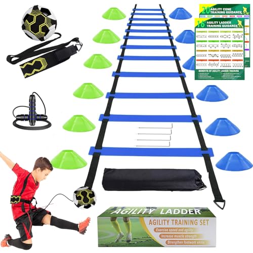 BJNCDIO Fussball Trainingszubehör 6m Koordinationsleiter 12 Hütchen Fußballtrainer und Springseil Fussball Trainingsset Sachen Fußball Geschenke für Jungs Kinder (Blau 2)