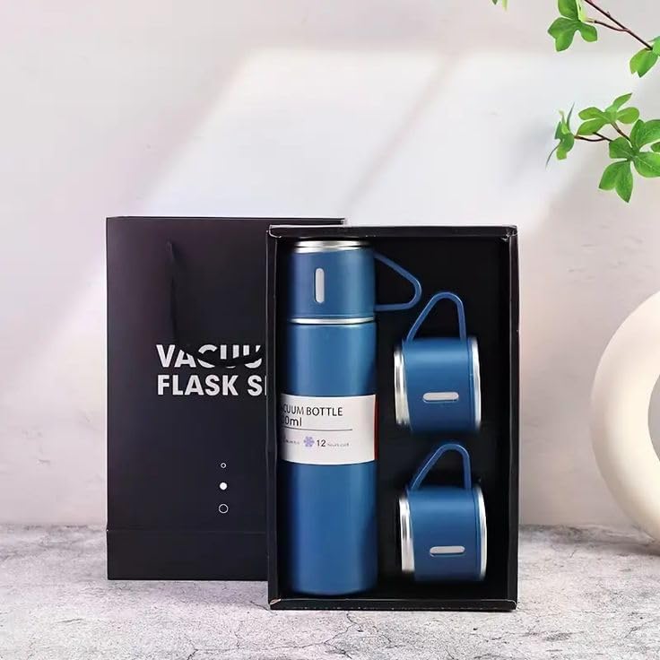 Image of Double Wall Stainless Steel Thermo 500ml Vacuum Insulated Bottle Water Flask Gift Set with Two Cups Hot & Cold Diwali Gifts for Employees Corporate Gift Items (Peach*)(Multi Colour)