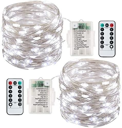 Fairy Lights Battery, 2Pack 13M 120LEDs String Lights Waterproof, Copper Wire Fairy Lights with 8 Modes Remote Control Timer for Bedroom, Garden, Wedding, Party, Festival Decorations (Cold White)