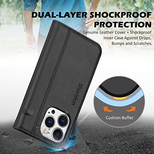 Shieldon Wallet Case For Iphone 14 Pro 5G 2022, Genuine Leather Iphone 14 Pro Case Rfid Blocking Credit Card Holder Folio Magnetic Stand Shockproof Cover Compatible With Iphone 14 Pro 6.1" - Black #TOP4
