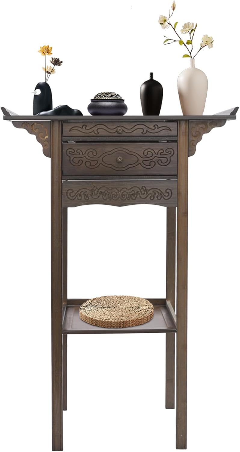 Altar Table with Drawer, Bamboo Meditation Altar Table, Freestanding Buddhist Altar Cabinet with Storage, Personal Prayer Shrine Desk for Incense and Pray, 26" x 15.8" x 39.4"